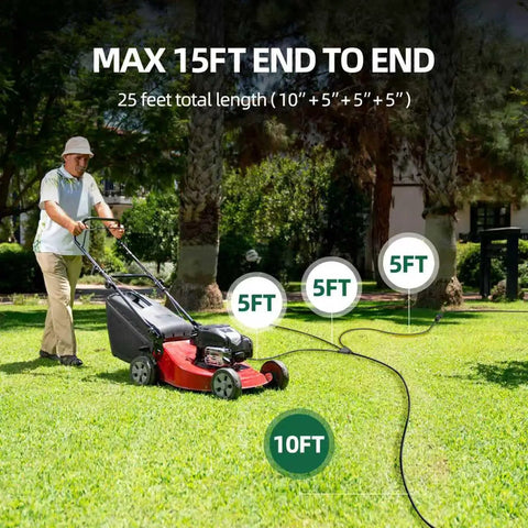 Man using 25 ft Outdoor Extension Cord with 1 to 3 Splitter Outlets, Waterproof Power Cord connected to lawn mower