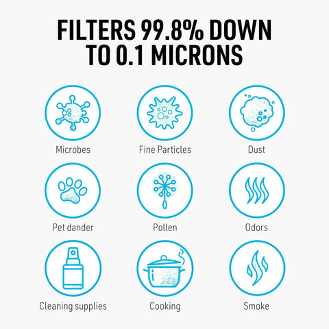 Infographic showing particles filtered by F1 Standard Replacement Filters Three Pack For Mask With 99.9 Percent Active Carbon Filtration