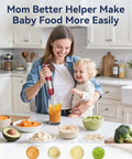 Mom using Game Changing 1000W Immersion Blender 5 In 1 Corded Stick Hand Blender with baby food ingredients on countertop.