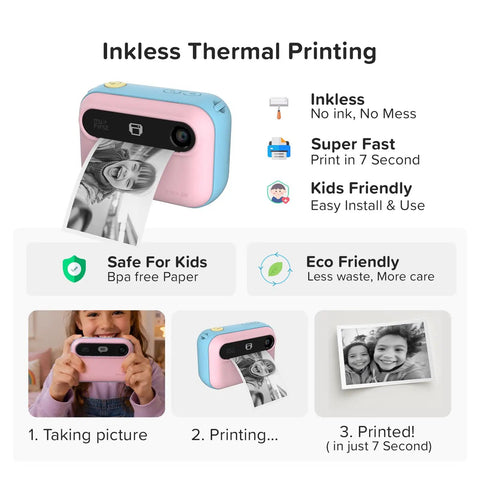 Kids Instant Print Camera Kit With 16MP Sensor, 9 Roll Paper Pack, Durable Travel Case, Totally All In One Gift Set For Ages 4 12, Easy Photo Printing On The Go, Great Starter Camera For Creative Fun. Pink and blue kids thermal print camera with printed photo