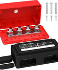 Heavy Duty 300 Amp 12V DC Waterproof Bus Bar Power Distribution Block With Four Three Eighths Inch Studs For Automotive Marine Solar Wiring Positive And Negative Terminal, red and black