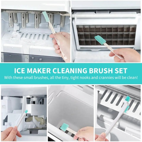 Ice Machine Cleaner Brush Kit, 10-Piece Set With 2 Extra-Long Drain Pipe Brushes And 8 Crevice Brushes in use with ice maker