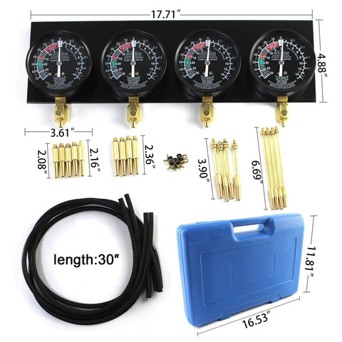 Motorcycle Fuel Vacuum Carburetor Synchronizer Gauge Kit With 4 Precision Gauges And Individual Damping And Calibration Controls On A Heavy Metal Bench Base For Easy Bike Carb Sync, 17.71in