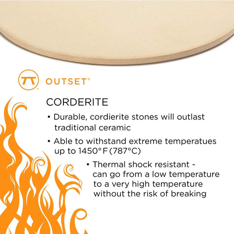 Set Of Four Cordierite Pizza Stone Tiles For Oven And Grill Build Your Own Personal Pies With Four Individual Stones For Crispy Crusts On Pizza Bread And More with text highlighting durability and heat resistance of cordierite stones up to 1450°F.