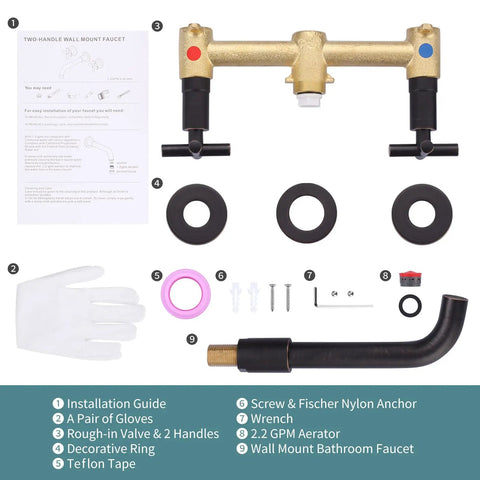 Oil Rubbed Bronze Wall Mount Bathroom Faucet With Two Handle Vanity installation kit components
