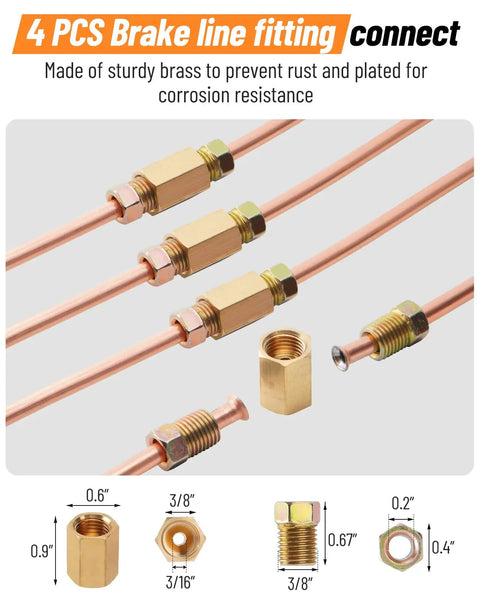 Copper Coated Brake Line Kit 25 Ft 3/16 In With 16 Fittings And 4 Unions Plus Double And Single Flare Tool Kit, brass fittings close-up