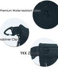 Close-up details of a Water Resistant Zipper Pouch With Carabiner Clip Small Nylon Travel Organizer showing nylon fabric and clips.