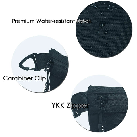 Close-up details of a Water Resistant Zipper Pouch With Carabiner Clip Small Nylon Travel Organizer showing nylon fabric and clips.