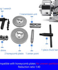 Rock Solid Universal Indexing Head For Rotary Table Featuring Precision Milling Three Jaw Chuck With Smooth Vertical And Horizontal Operation Dead Nuts Accurate Angle Adjustment Up To Ninety Degrees Eight Inch Kit parts including honeycomb plates, shims, and transmission unit.