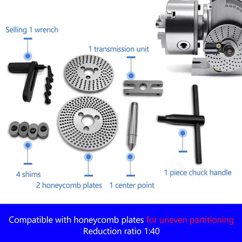 Rock Solid Universal Indexing Head For Rotary Table Featuring Precision Milling Three Jaw Chuck With Smooth Vertical And Horizontal Operation Dead Nuts Accurate Angle Adjustment Up To Ninety Degrees Eight Inch Kit parts including honeycomb plates, shims, and transmission unit.