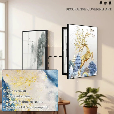 Stylish Flip-Top Electric Meter Box Cover That Totally Hides Wall-Mounted Breaker Panels With Smooth Design And Effortless Circuit Access For Any Home Makeover In Modern Living Spaces displayed on a wall.