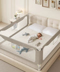 Sleeping baby in queen size bed with three sided toddler bed rail guard with dual button safety lock adjustable for baby and kids