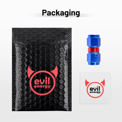 Packaging image of Swivel 6AN Female To 6AN Female Fitting Adapter Aluminum Red And Blue For High Pressure Hydraulic And Fuel Lines With 9/16-18 UNF Threads 1500 PSI Rating Operating From -40 To 250 Degrees F in bubble mailer