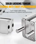 Hella Secure Stainless Steel Glass Door Lock With Double Bolt Build And Sleek Push Slider Mechanism For Eight To Twelve Millimeter Frames Quick Office Install Arrives With Three Sturdy Keys For Ultimate Peace. Close-up of solid locking tongue detail.