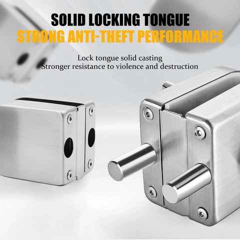 Hella Secure Stainless Steel Glass Door Lock With Double Bolt Build And Sleek Push Slider Mechanism For Eight To Twelve Millimeter Frames Quick Office Install Arrives With Three Sturdy Keys For Ultimate Peace. Close-up of solid locking tongue detail.