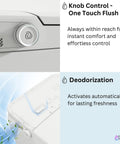 Knob control and deodorization feature of the Hassle Free Tankless Smart Toilet Heated Seat Auto Flush Lid Smooth Dual Flush 1000 Map Rating Fully Skirted Elongated Bowl Foot Sensor Led Night Light Game Changer.