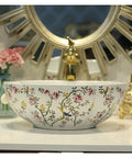 USZWBY Bathroom Vessel Sink China Painting Flower and Bird Ceramic Painting Art Bathroom Vessel Sinks Round Countertop Wash Basin detail view