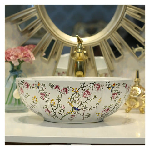 USZWBY Bathroom Vessel Sink China Painting Flower and Bird Ceramic Painting Art Bathroom Vessel Sinks Round Countertop Wash Basin detail view