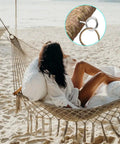 Woman relaxing in a hammock on beach; inset of Heavy Duty 2.6 Inch Stainless Steel Screw Eyes Eye Bolts Self Tapping for Wood, 1 Inch Ring.