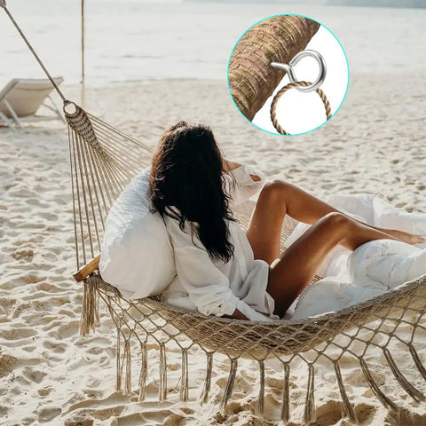 Woman relaxing in a hammock on beach; inset of Heavy Duty 2.6 Inch Stainless Steel Screw Eyes Eye Bolts Self Tapping for Wood, 1 Inch Ring.