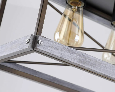 Close-up of Industrial Farmhouse 5 Light Kitchen Island Pendant in wood and metal with antique gold and black finish, bulb detail.