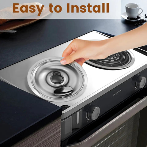 Placing 4 Pack Chrome Drip Pans For Electric Stoves With Locking Slots on cooktop, includes 2 small 6-inch and 2 large 8-inch trays
