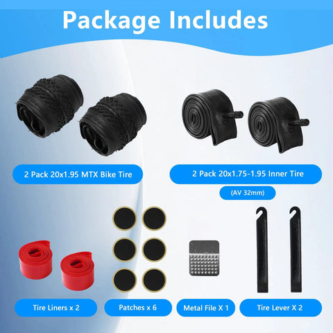 Two Mountain Bike Tires And Tubes Set With 20x1.95 Tire And 32mm Inner Tubes, Folding Replacement, Puncture Resistant, Includes Levers, Liners, Patches