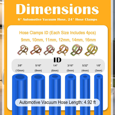 Premium 6PC 5Ft Silicone Vacuum Hose Kit With 64 Connectors And 24 Clamps For Cars Featuring Various Sizes To Fit Water Or Air Lines Perfect For DIY Auto Mods And Racing Fixes