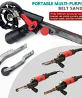 Portable multi-purpose belt sander with accessories for polishing corners, circular pipes, and flat surfaces.