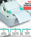 Close-up of Solid 4x6 Direct Thermal Shipping Label Printer showing built-in paper label compartment and adjustable guide rail.