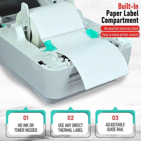 Close-up of Solid 4x6 Direct Thermal Shipping Label Printer showing built-in paper label compartment and adjustable guide rail.