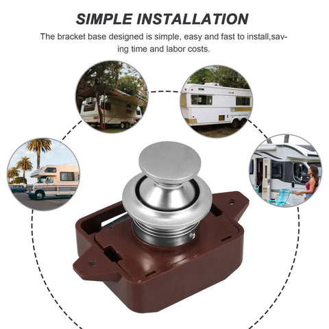 Image of One Button Push Cabinet Latch Lock for storage drawers and cabinets, showing zinc alloy and ABS construction, for boats and trailers.