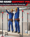 Two workers using Heavy Duty Adjustable Cabinet Jacks 4 Piece Set Extends From 49 To 114 Inches to support drywall.