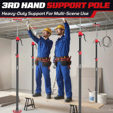 Two workers using Heavy Duty Adjustable Cabinet Jacks 4 Piece Set Extends From 49 To 114 Inches to support drywall.