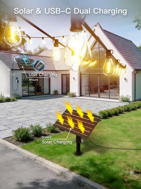 100Ft Outdoor Solar String Lights With Remote Control, 36 LED, USB-C and solar charging options shown in a garden setting.
