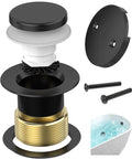 High End Matte Black Tip Toe Bathtub Drain Kit With Snap On Hair Catcher and No Sweat Leak Proof Design, showing components and assembly.