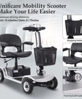 Four Wheel Electric Mobility Scooter For Travel And Everyday Errands With 419 Pound Capacity Foldable Design Rotating 360 Degree Seat Electromagnetic Brake Front Storage Basket UL Certified Safety And Up To 21 Mile Range, shown from front angle with storage basket and LED headlights.