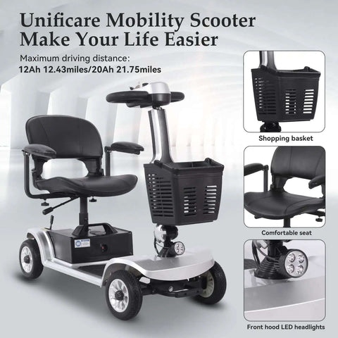 Four Wheel Electric Mobility Scooter For Travel And Everyday Errands With 419 Pound Capacity Foldable Design Rotating 360 Degree Seat Electromagnetic Brake Front Storage Basket UL Certified Safety And Up To 21 Mile Range, shown from front angle with storage basket and LED headlights.