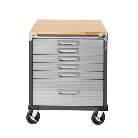Heavy Duty Rolling Cabinet Workbench With Solid Wood Top, 6-Drawer Soft Close, Graphite Finish