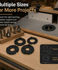 Drop The Mic 5 Pack 2 Inch Router Table Insert Rings Ultra Premium Abs Construction Fast Mount For Sears Craftsman Workbenches Dope Woodshop Gear Black on a workbench with router bits.