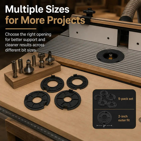 Drop The Mic 5 Pack 2 Inch Router Table Insert Rings Ultra Premium Abs Construction Fast Mount For Sears Craftsman Workbenches Dope Woodshop Gear Black on a workbench with router bits.