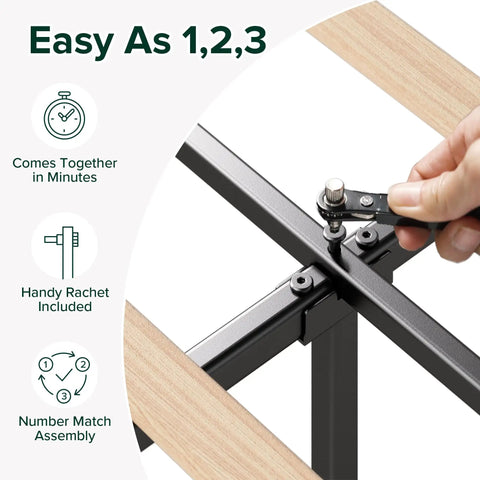 Straight Up Comfy Premium Upholstered Queen Bed Frame Featuring A Bold Asymmetric Headboard And Iron Clad Steel Base For A Seamless Setup Construction assembly process with a hand holding a ratchet wrench.