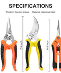 Three Pack Stainless Steel Garden Shears Pruning Set With Heavy Duty Bypass Serrated And Straight Blades for trimming shrubs and flowers