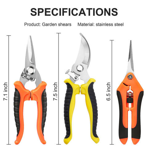 Three Pack Stainless Steel Garden Shears Pruning Set With Heavy Duty Bypass Serrated And Straight Blades for trimming shrubs and flowers