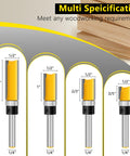 Four Piece Flush Trim Router Bit Set With One Quarter Inch Shank And Top Bearing Great For Woodworking And Home DIY Projects Pro Grade Durable Micro Grain Tungsten Carbide Bits For Clean Cuts Sharp Edges And Precise Lettering In Yellow