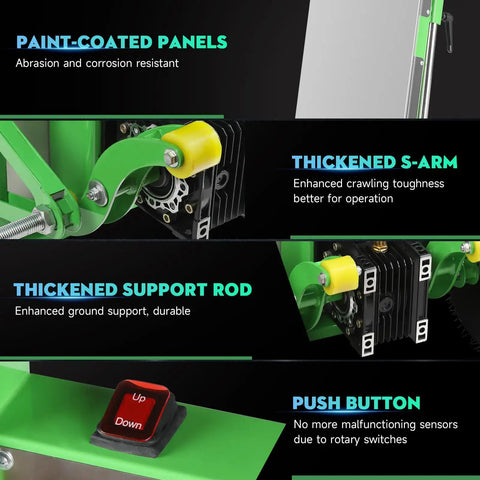 Powerful 900Lbs Electric Stair Climbing Hand Truck With 1250W Motor And Three Speed Settings, detail on green support rod and S-arm.