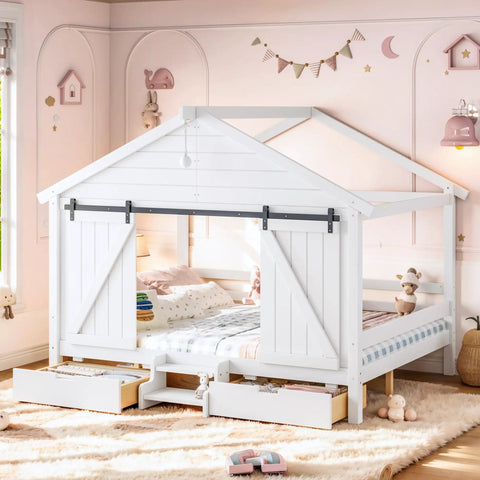 Kid Approved Full Size Floor Bed Frame With Sliding Barn Door And Built In Soft Glow Light in a cozy child's room setup.