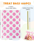 Clear Treat Bags With Twist Ties 5x9 Inches 100 Pack Happy Face Print Party Fav Bags For Candy Snacks Gifts Events And Celebrations Thick Leak Resistant Goodie Bags
