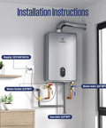 Whole House Gas Tankless Water Heater Shoots Out Instant Hot Water At 7.9 Gallons Per Minute With A Serious 180000 Btu Rating installation setup with pipes and inlet connections.