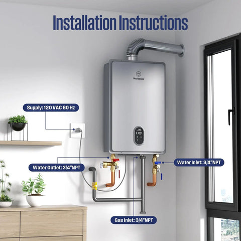 Whole House Gas Tankless Water Heater Shoots Out Instant Hot Water At 7.9 Gallons Per Minute With A Serious 180000 Btu Rating installation setup with pipes and inlet connections.